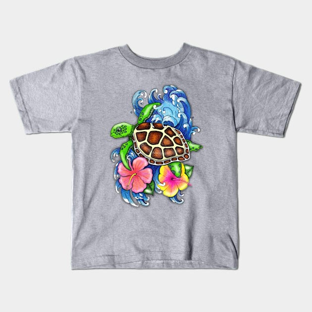 Tropical Sea Turtle and Hibiscus Kids T-Shirt by SandraGale Art